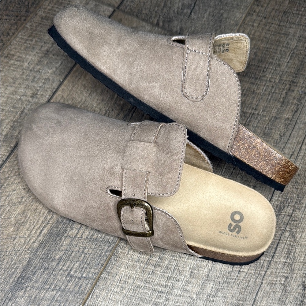 Tan Mules with Suede Upper and Decorative Buckle